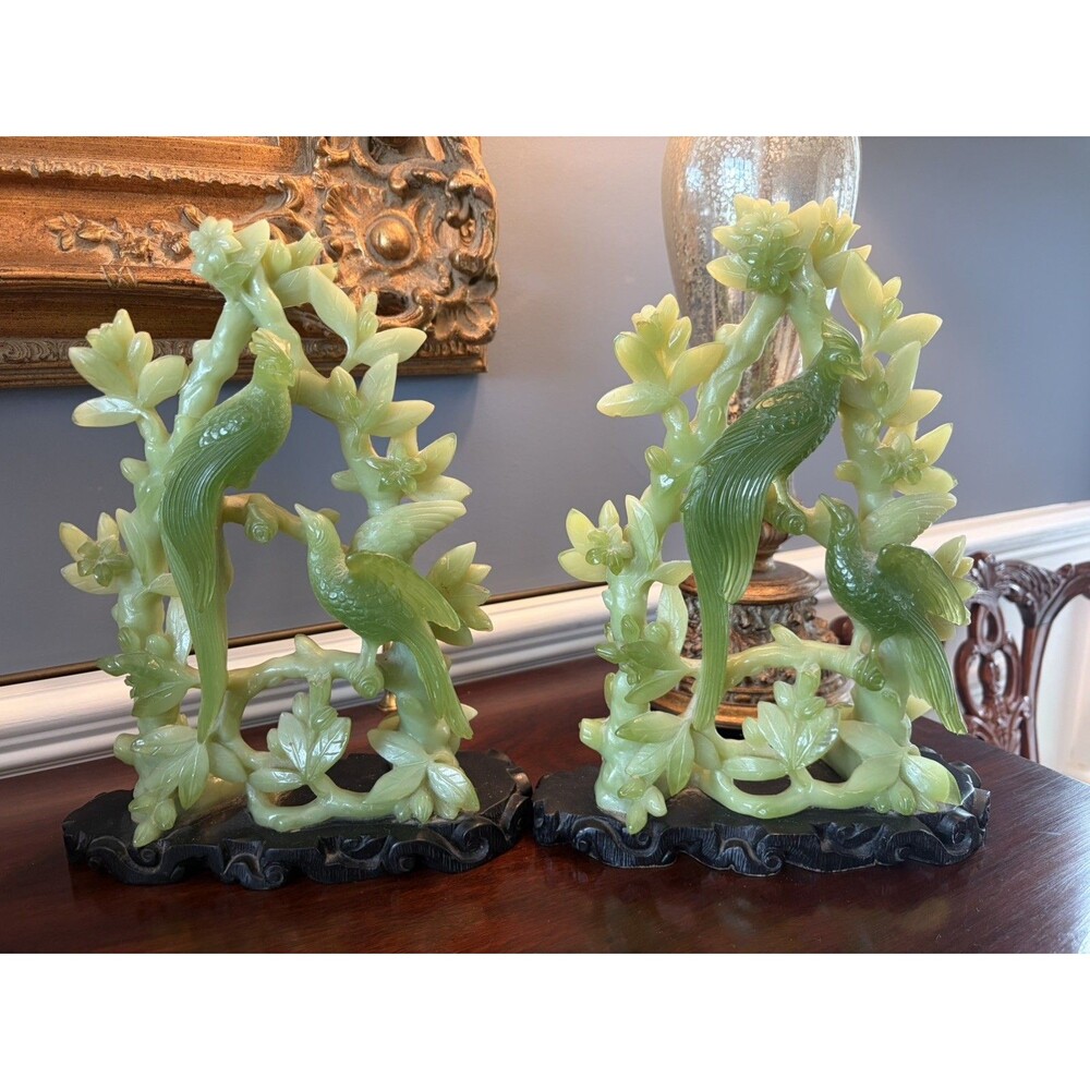 Vintage Pair 12” Jade Green Resin Peacock Sculptures Statues Birds Set of 2 READ